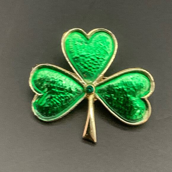 Vintage Jewelry - Vintage Shamrock Clover Rhinestone Brooch Pin